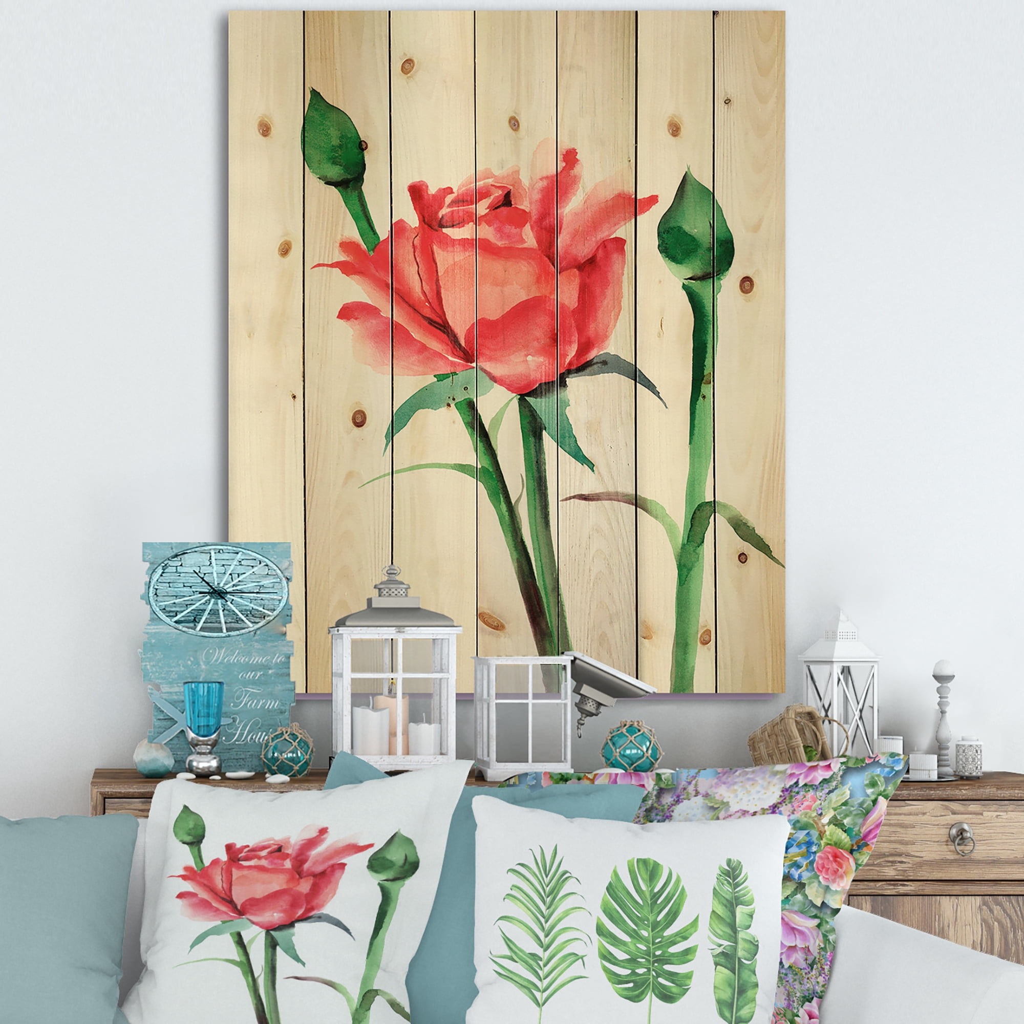 Designart 'Buds With Red Rose' Traditional Print on Natural Pine Wood