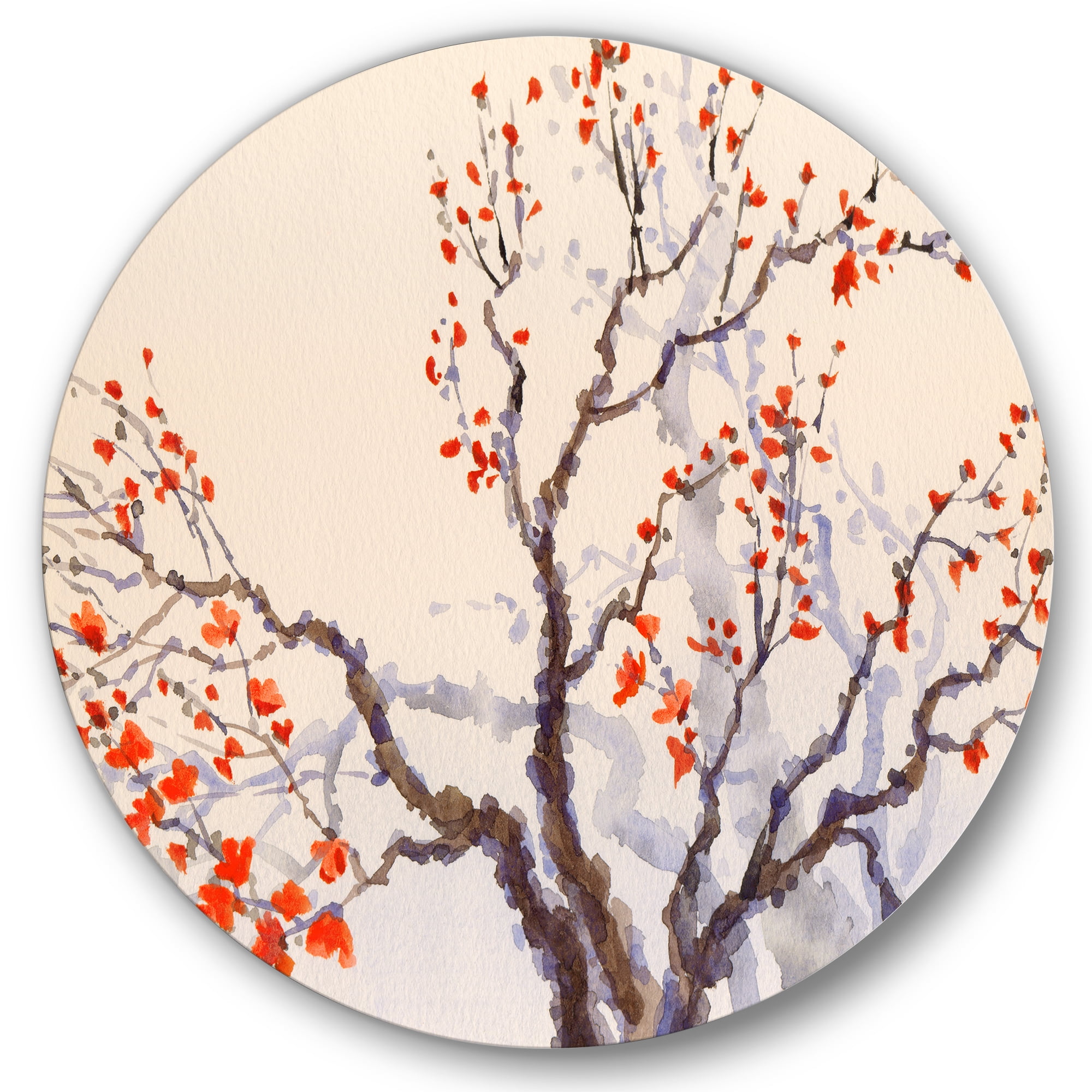 Designart 'Buds and Red Flowers On The Spring Blossoming Tree' Traditional Circle Metal Wall Art 36x36 - Disc of 36