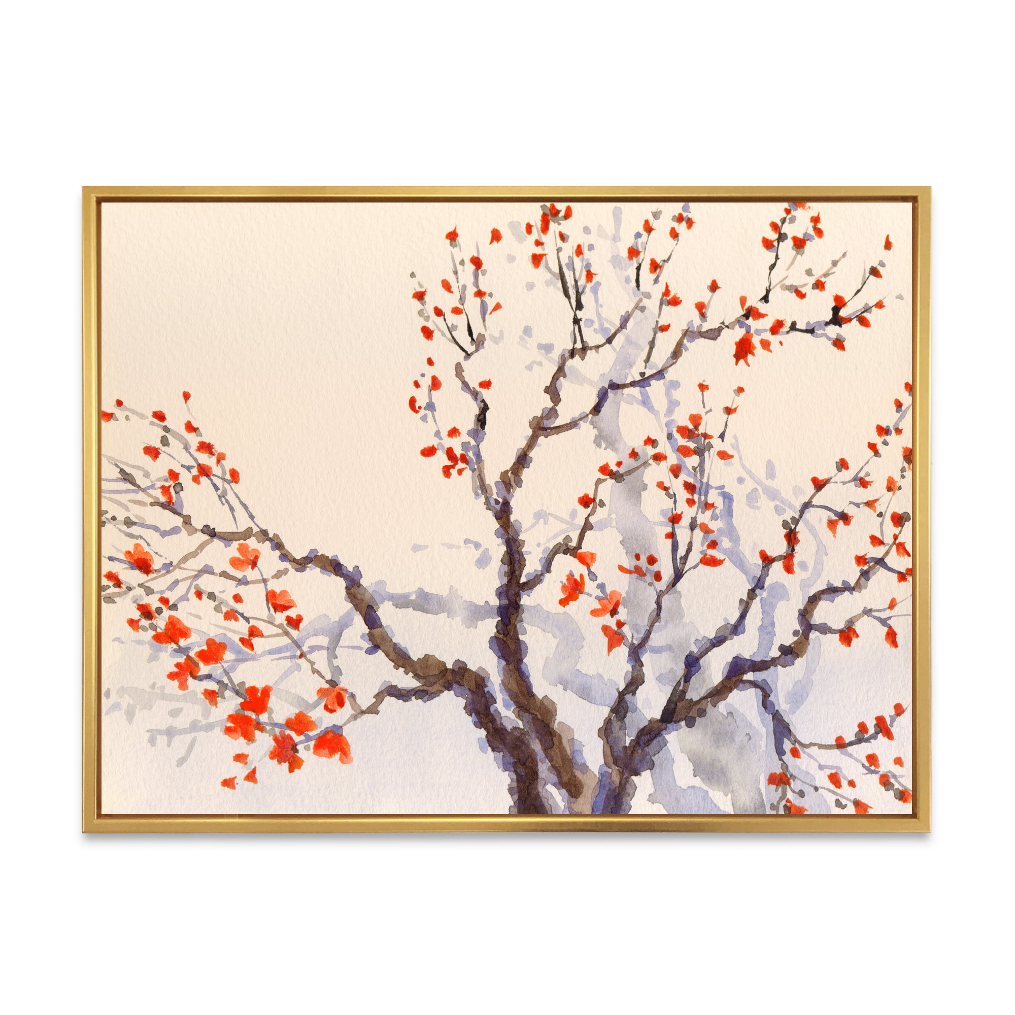 Designart 'Buds and Red Flowers On The Spring Blossoming Tree' Traditional Framed Canvas Wall Art Print