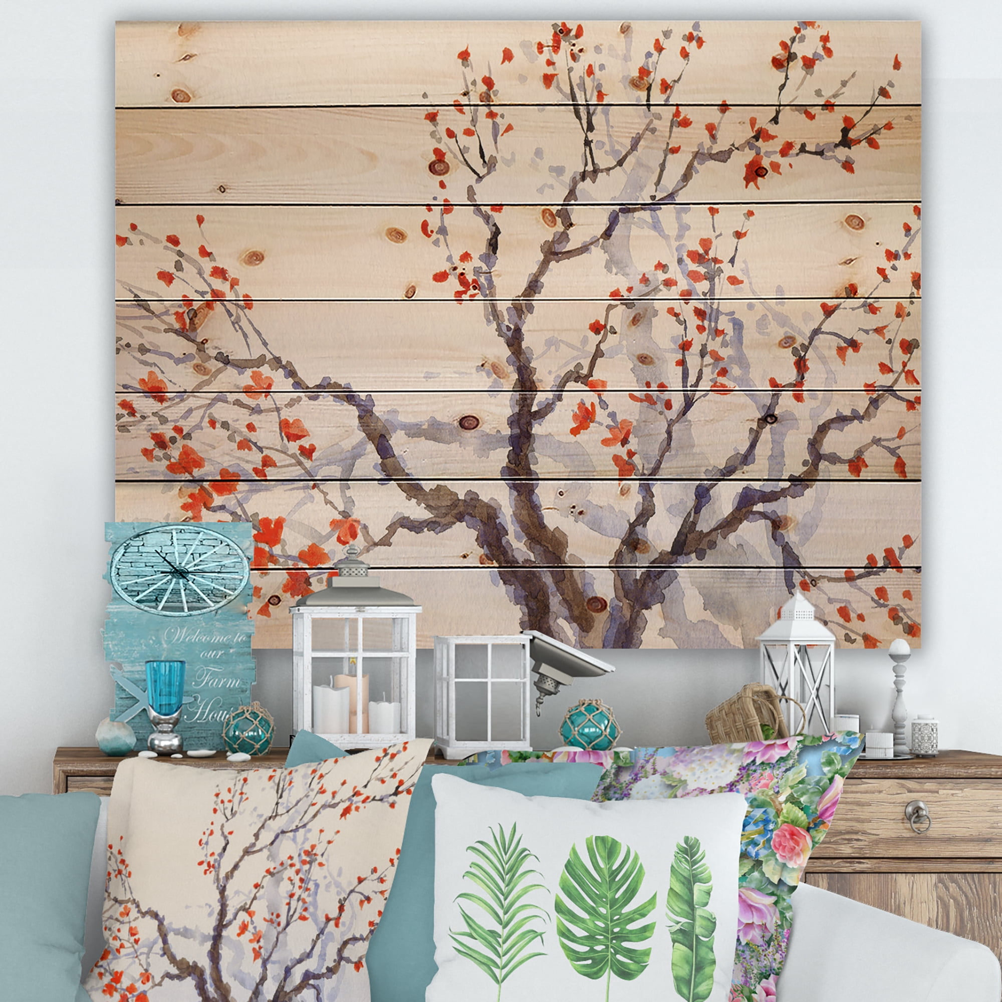 Designart 'Buds and Red Flowers On The Spring Blossoming Tree' Traditional Print on Natural Pine Wood