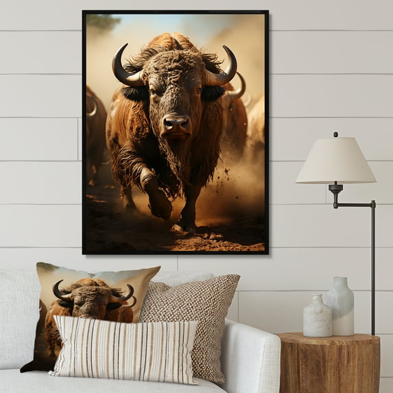 Designart "Buffalo Thunder in Native Art" Animals Floater Framed Wall Decor
