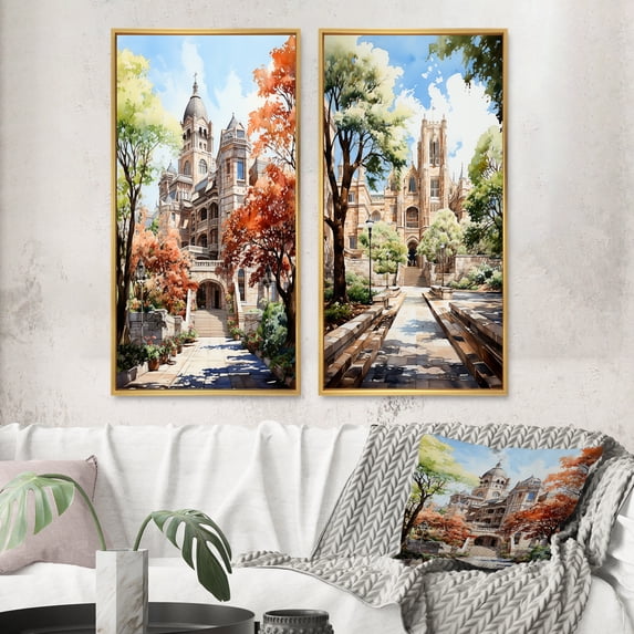 Designart "Buildings Academic College University art painting I" College & University Buildings Framed Wall Art Set Of 2 - Coral Architecture Frame Gallery Set For Office Decor