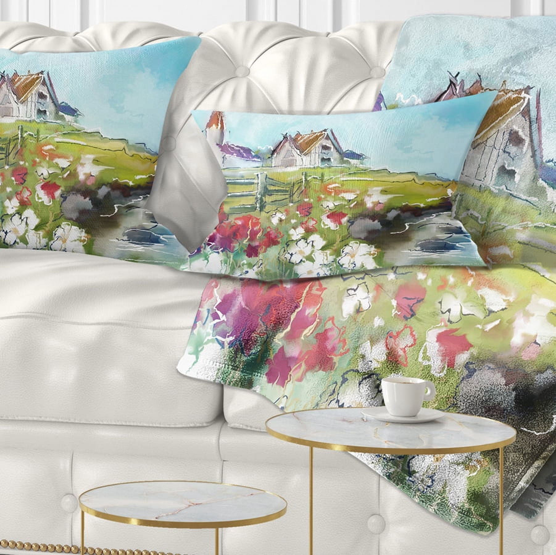 Designart Buildings in Green Meadow - Landscape Painting Throw Pillow - 12x20