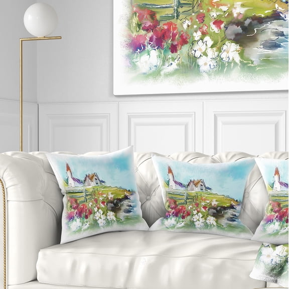 Designart Buildings in Green Meadow - Landscape Painting Throw Pillow - 16x16