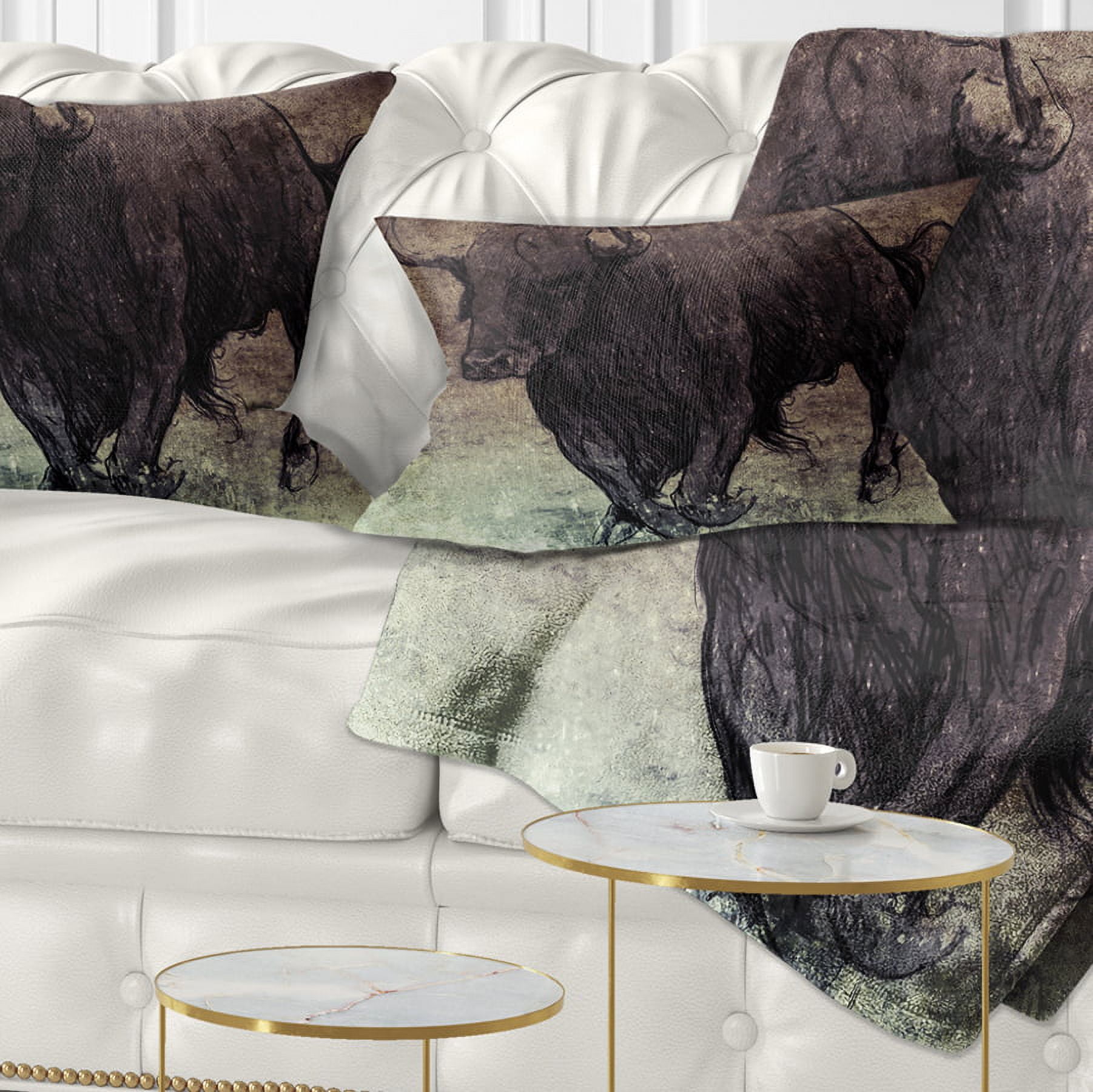 Designart Bull Running on Vintage Paper - Animal Throw Pillow - 12x20