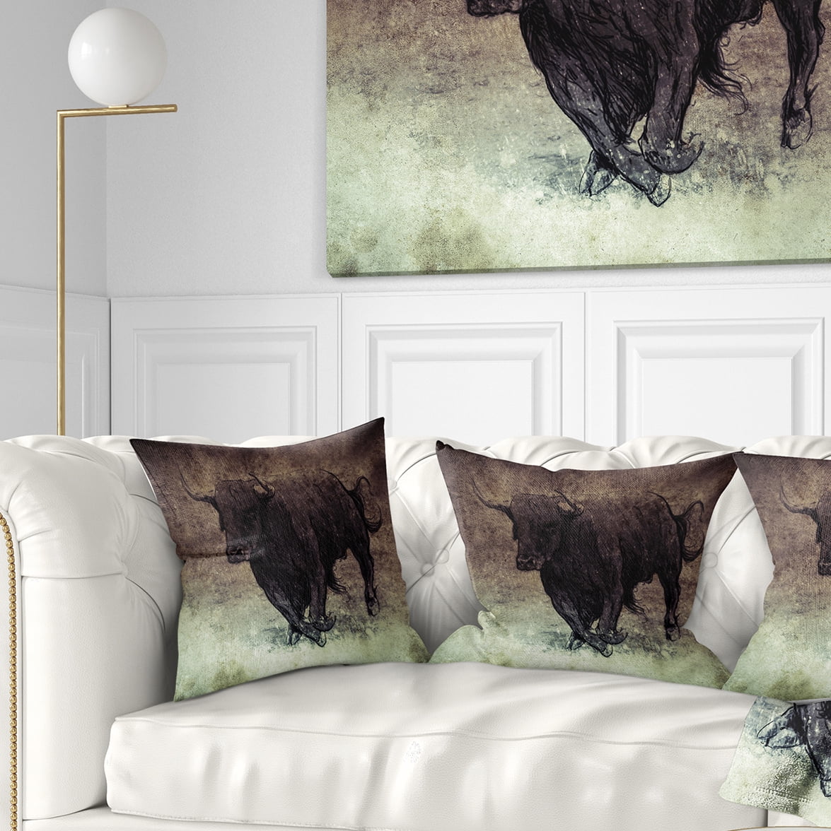 Designart Bull Running on Vintage Paper - Animal Throw Pillow - 16x16