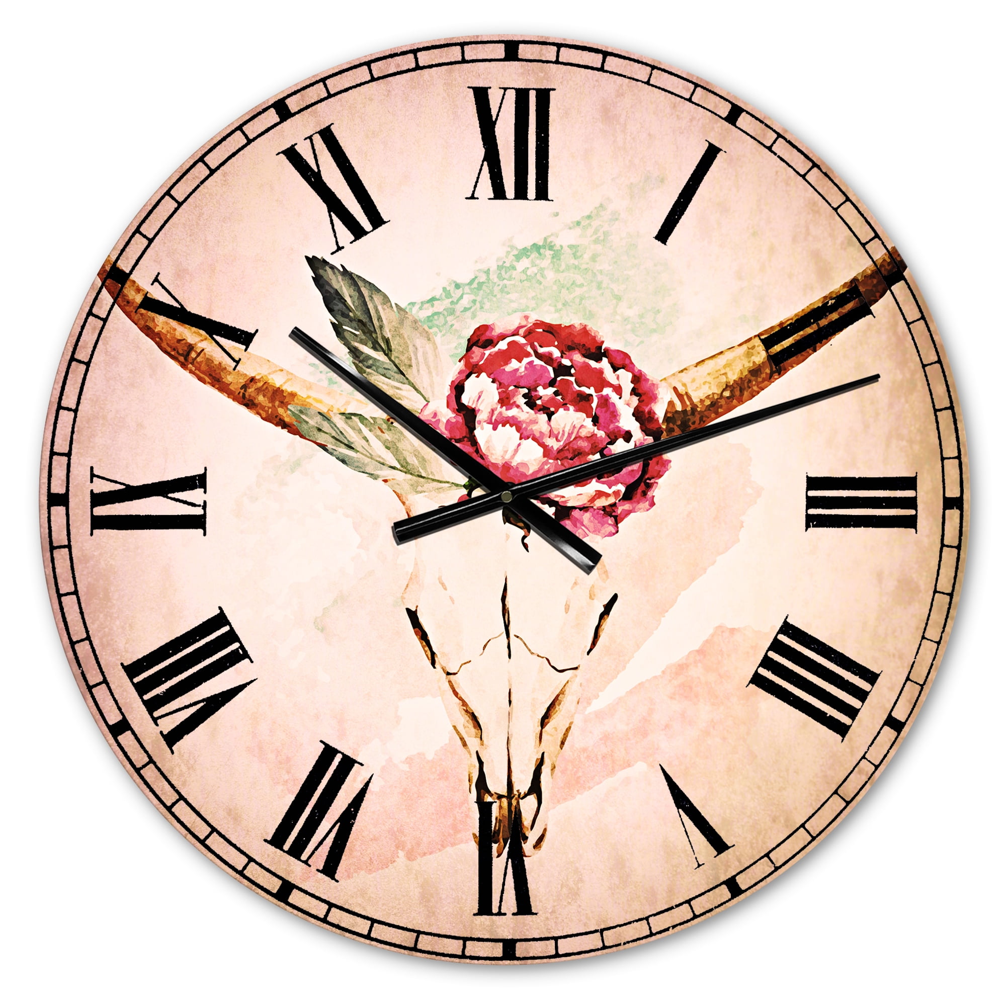 Designart 'Bull Skull and Flower' Bohemian Wall Clock