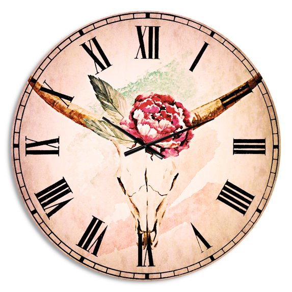 Designart 'Bull Skull and Flower' Bohemian wall clock