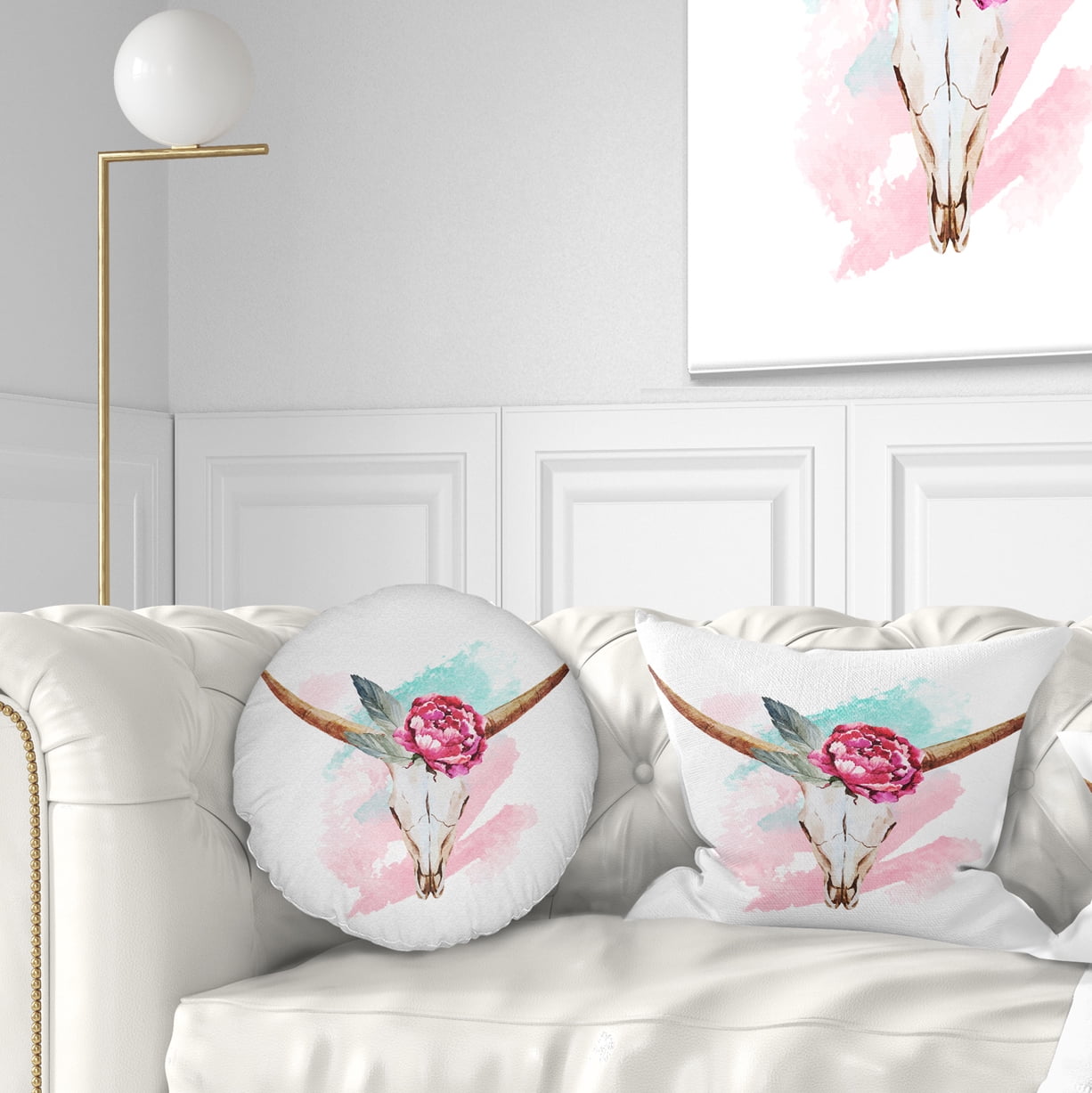 Designart Bull Skull and Flower - Floral Throw Pillow - 12x20