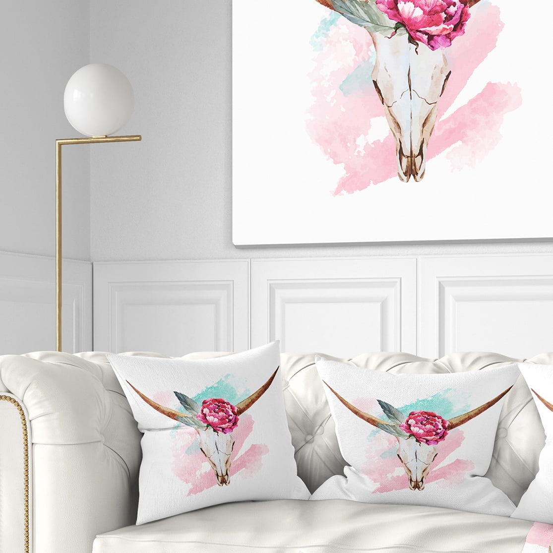 Designart Bull Skull and Flower - Floral Throw Pillow - 16x16