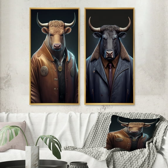 Designart "Bull Wearing a Stylish Brown Leather Jacket I" Animals Bull Framed Wall Art Set Of 2 - Children's Art Brown Framed Canvas Set For Living Room Decor