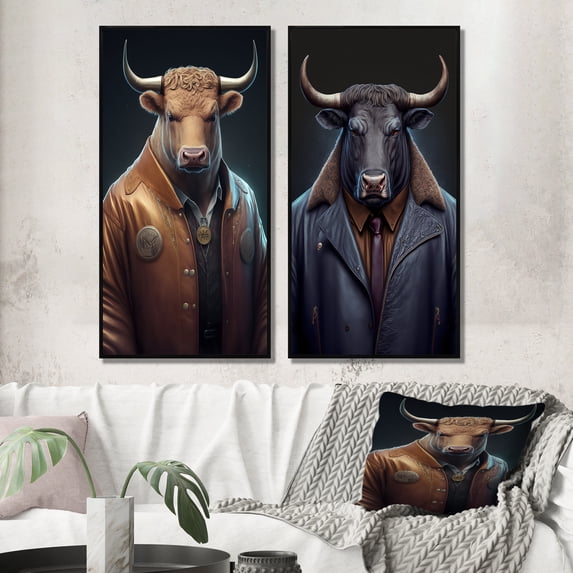 Designart "Bull Wearing a Stylish Brown Leather Jacket I" Animals Bull Framed Wall Art Set Of 2 - Children's Art Brown Framed Canvas Set For Living Room Decor