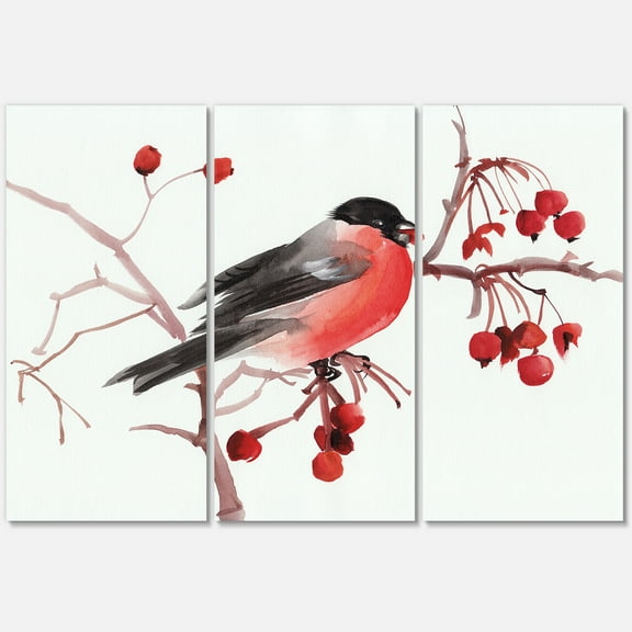 Designart ' Bullfinch Bird Sitting On A Branch ' Traditional Canvas Wall Art Print