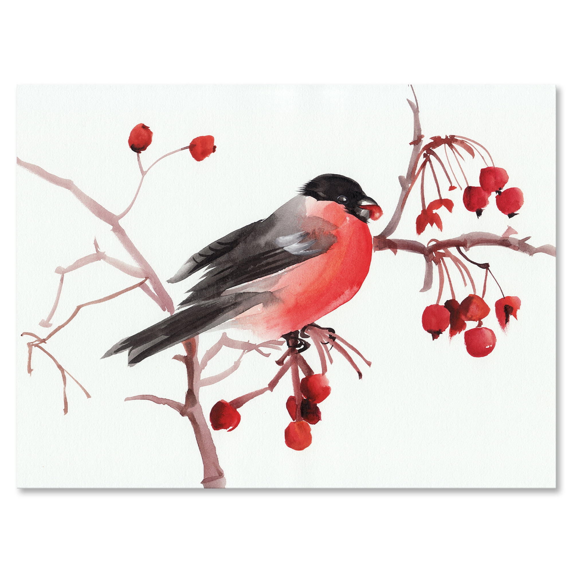 Designart ' Bullfinch Bird Sitting On A Branch ' Traditional Canvas Wall Art Print