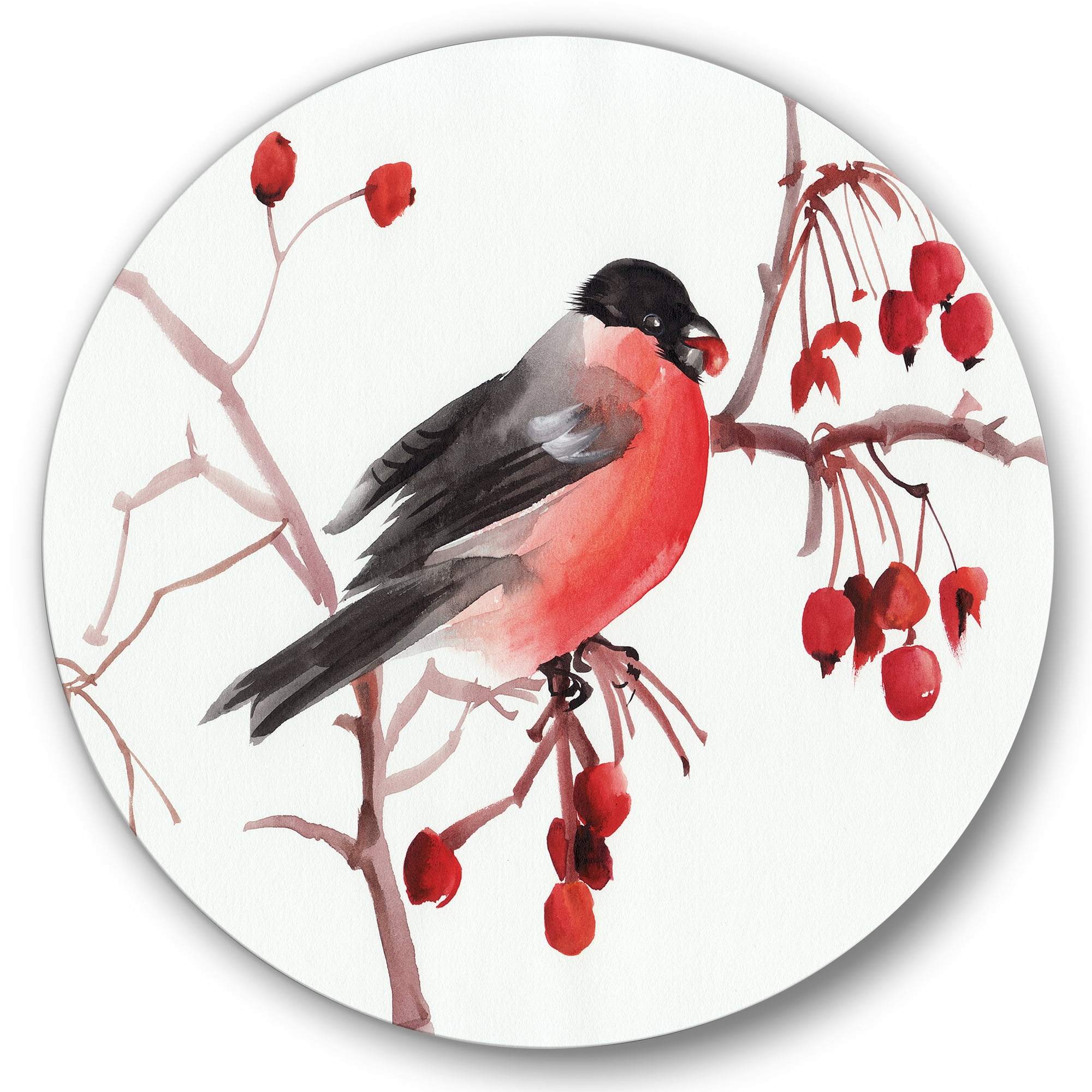 Designart 'Bullfinch Bird Sitting On A Branch' Traditional Circle Metal Wall Art 11x11 - Disc of 11