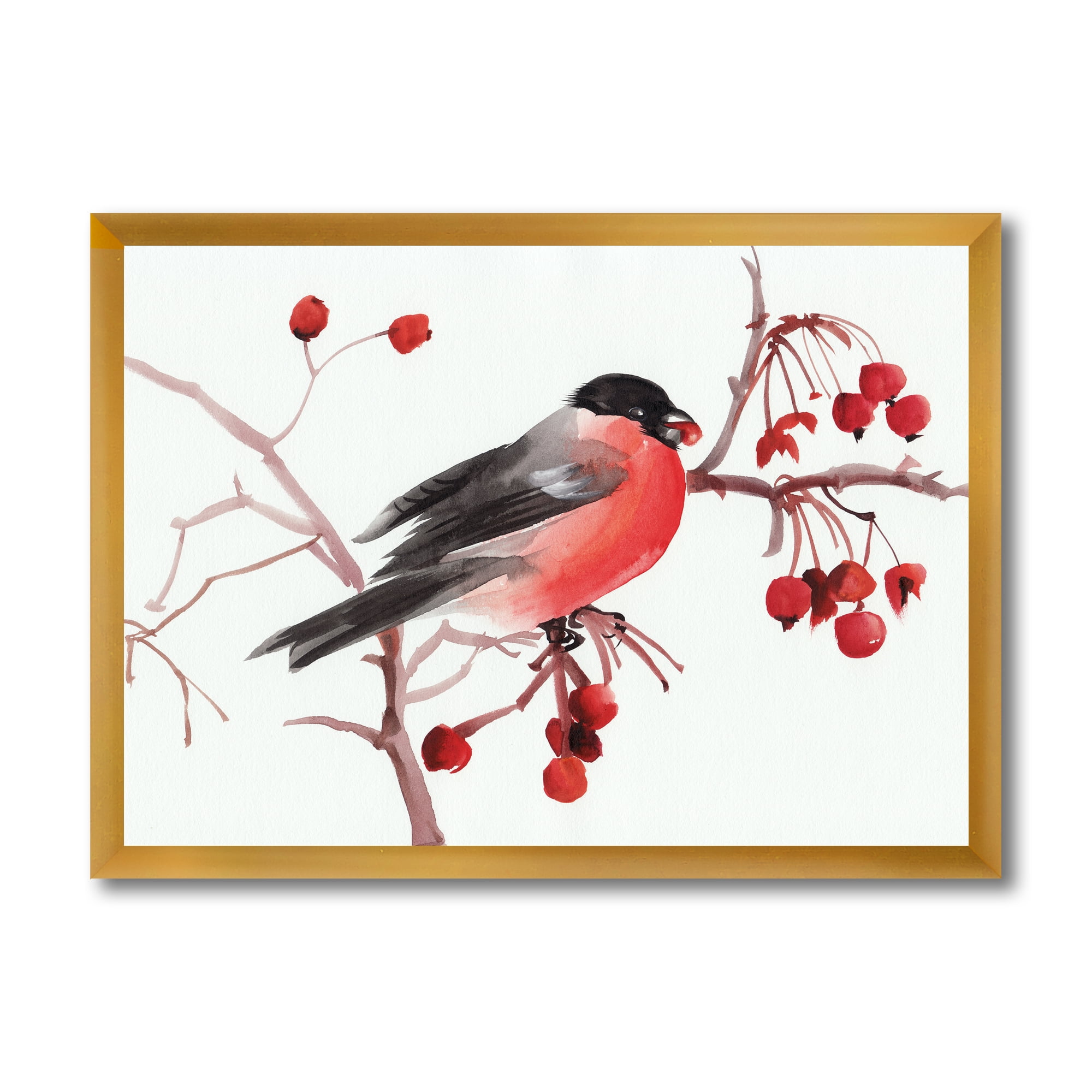 Designart 'Bullfinch Bird Sitting On A Branch' Traditional Framed Art Print