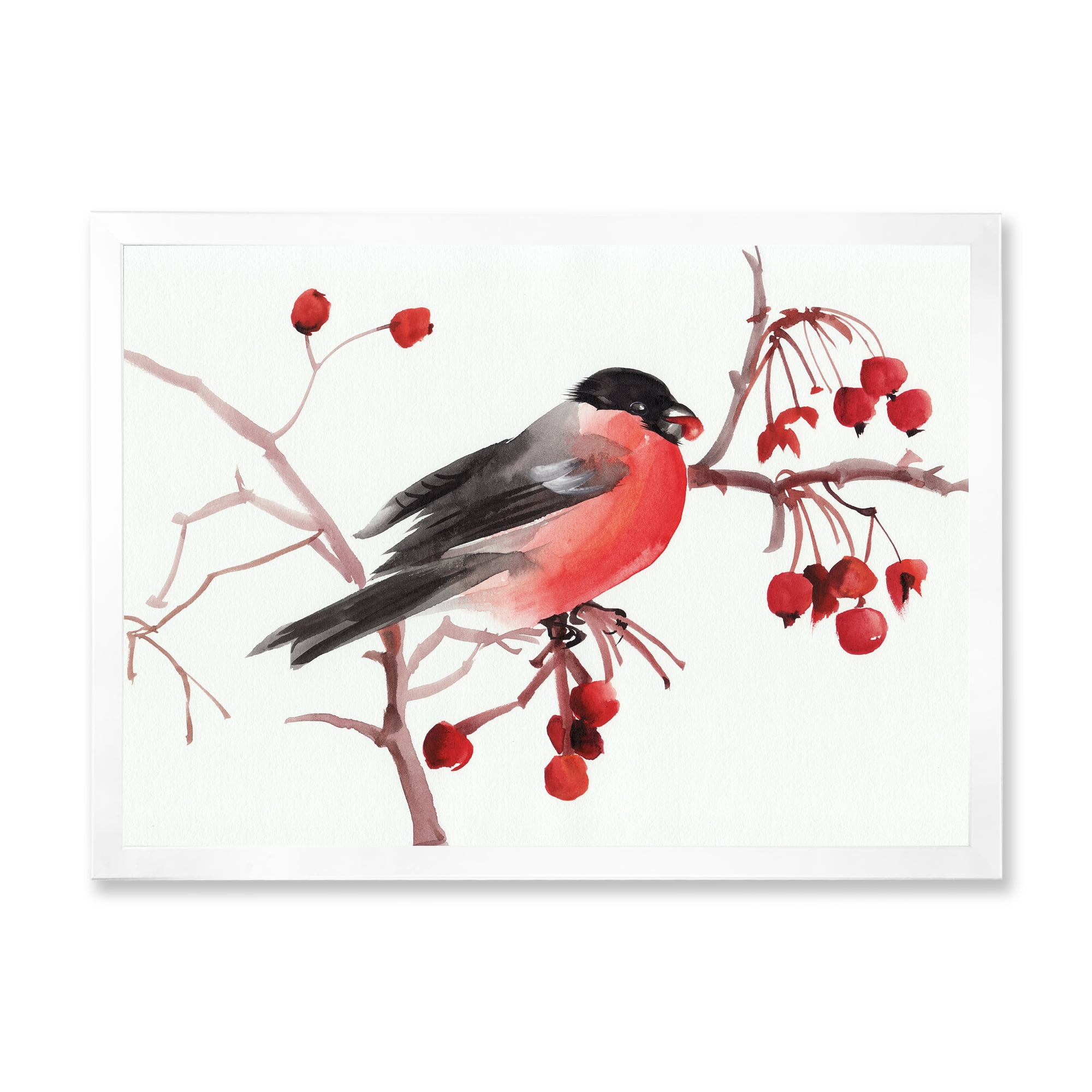 Designart 'Bullfinch Bird Sitting On A Branch' Traditional Framed Art Print