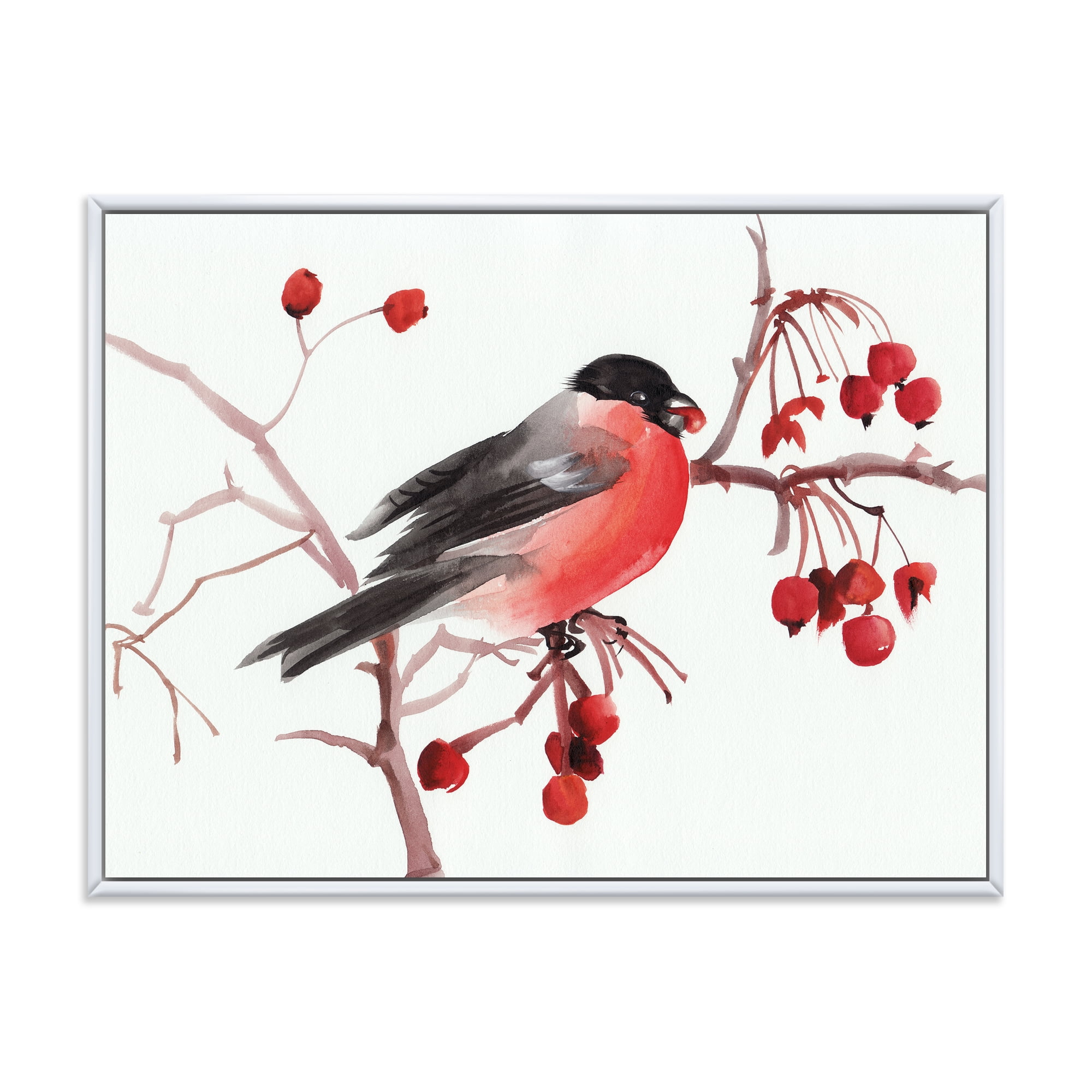 Designart 'Bullfinch Bird Sitting On A Branch' Traditional Framed Canvas Wall Art Print