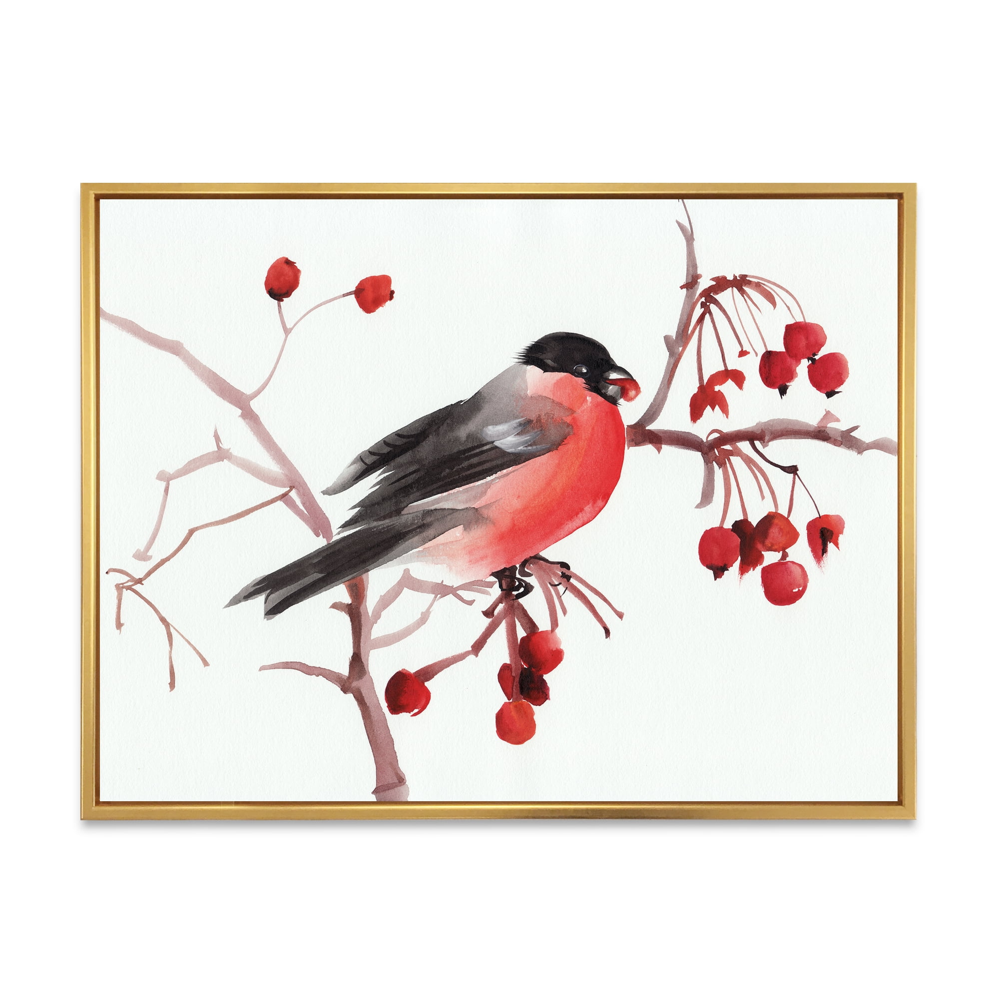 Designart 'Bullfinch Bird Sitting On A Branch' Traditional Framed Canvas Wall Art Print
