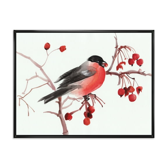 Designart 'Bullfinch Bird Sitting On A Branch' Traditional Framed Canvas Wall Art Print
