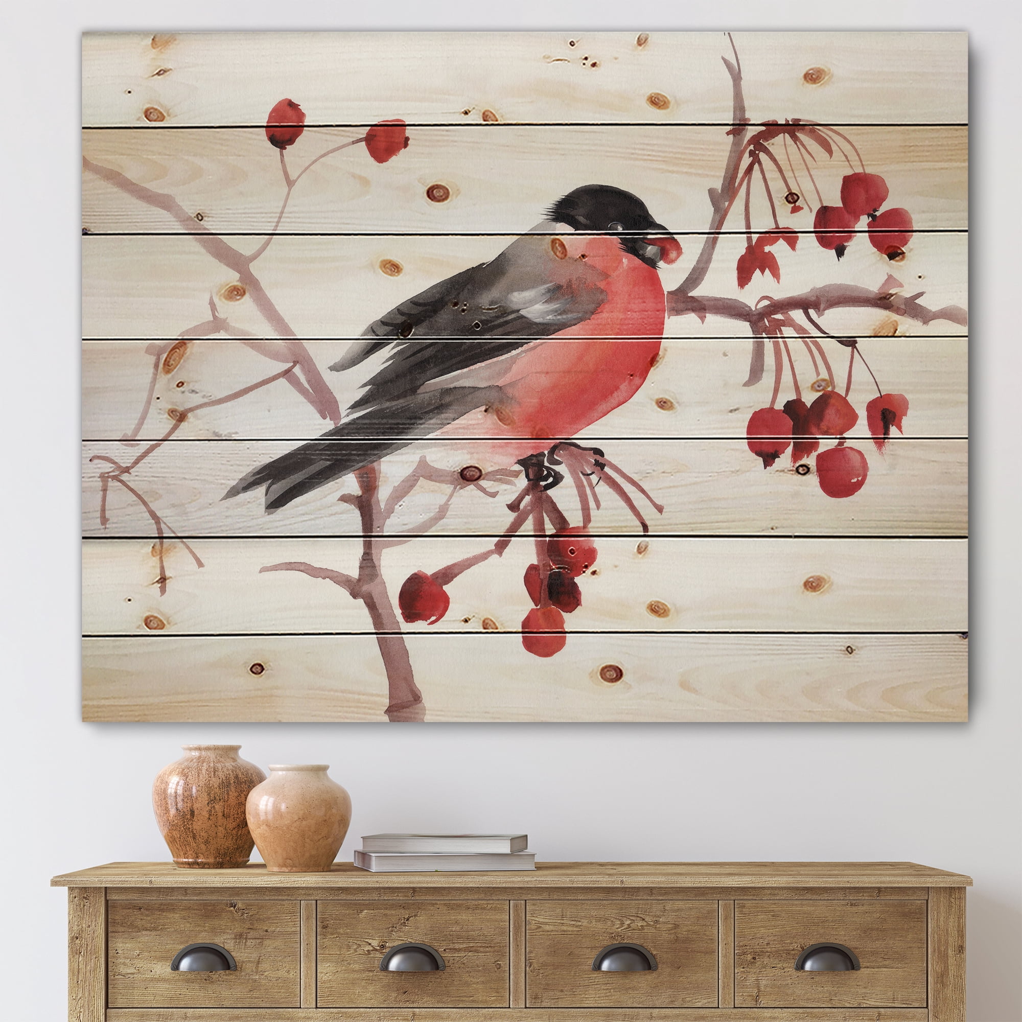 Designart 'Bullfinch Bird Sitting On A Branch' Traditional Print on Natural Pine Wood