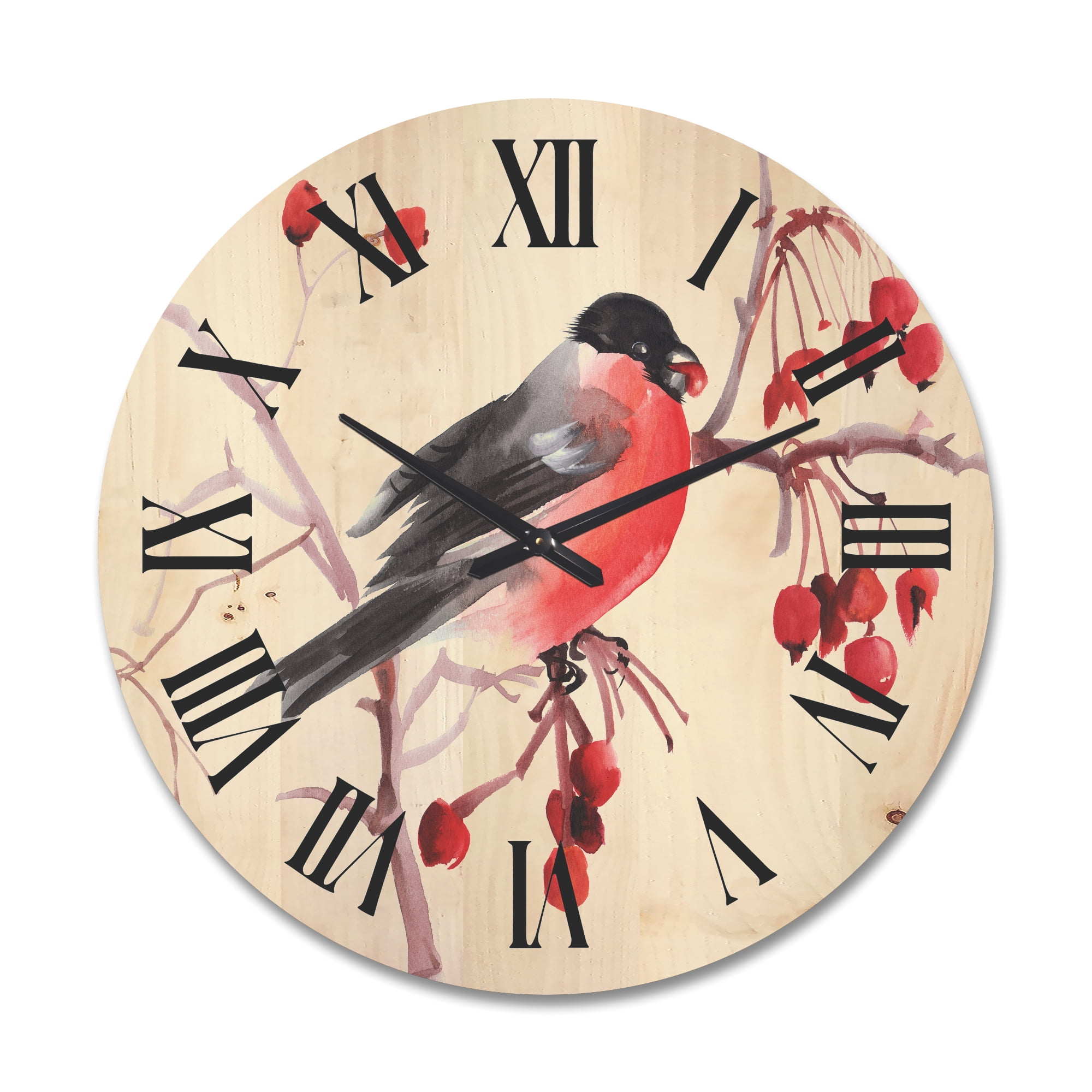 Designart 'Bullfinch Bird Sitting On A Branch' Traditional Wood Wall Clock