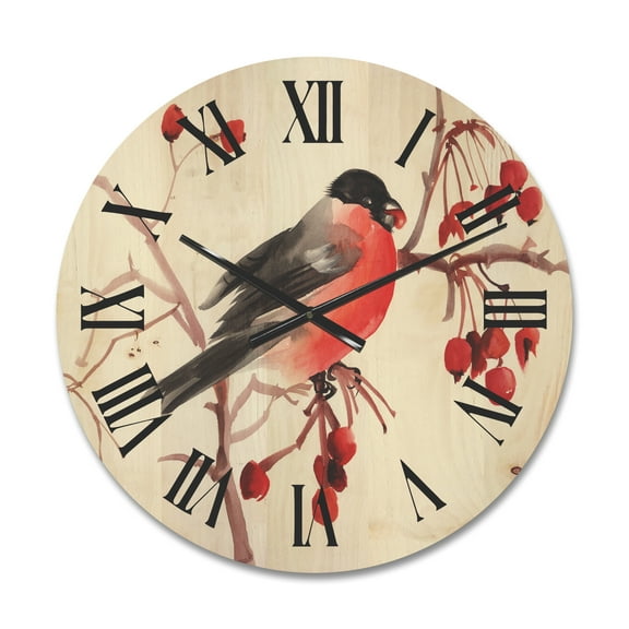 Designart 'Bullfinch Bird Sitting On A Branch' Traditional Wood Wall Clock