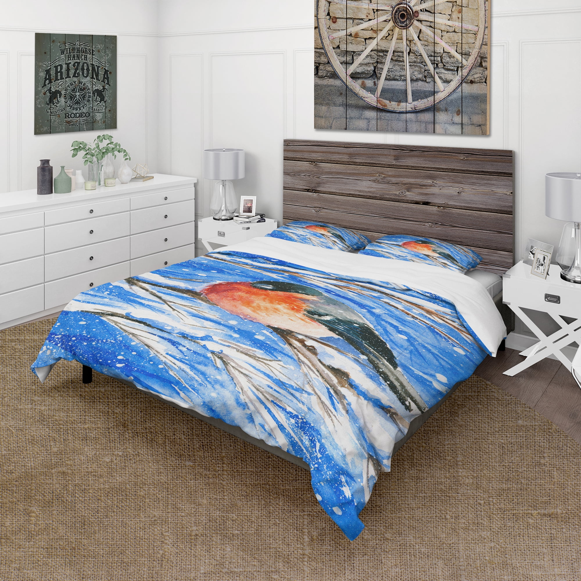 Designart 'Bullfinch in Snow Storm' Animals Duvet Cover Set