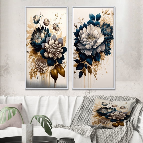 Designart "Bunch of Blue and Gold Dahlias I" Dahlia Framed Wall Art Set Of 2 - Blue Floral Framed Canvas Set For Living Room Decor