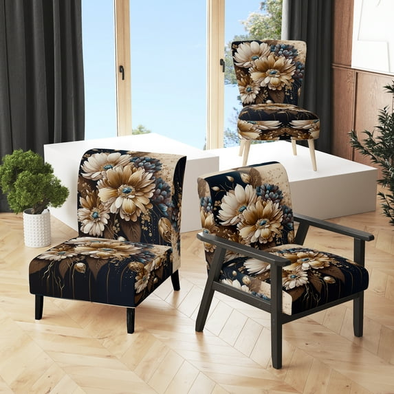 Designart "Bunch of Brown Daisies I" Brown Daisy Upholstered Accent Chair - Traditional Arm Chair For Bedroom