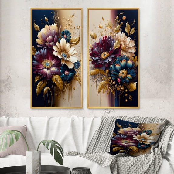 Designart "Bunch of Burgundy and Blue Daisies II" Daisy Framed Wall Art Set Of 2 - Red Floral Framed Wall Art Set Of 2