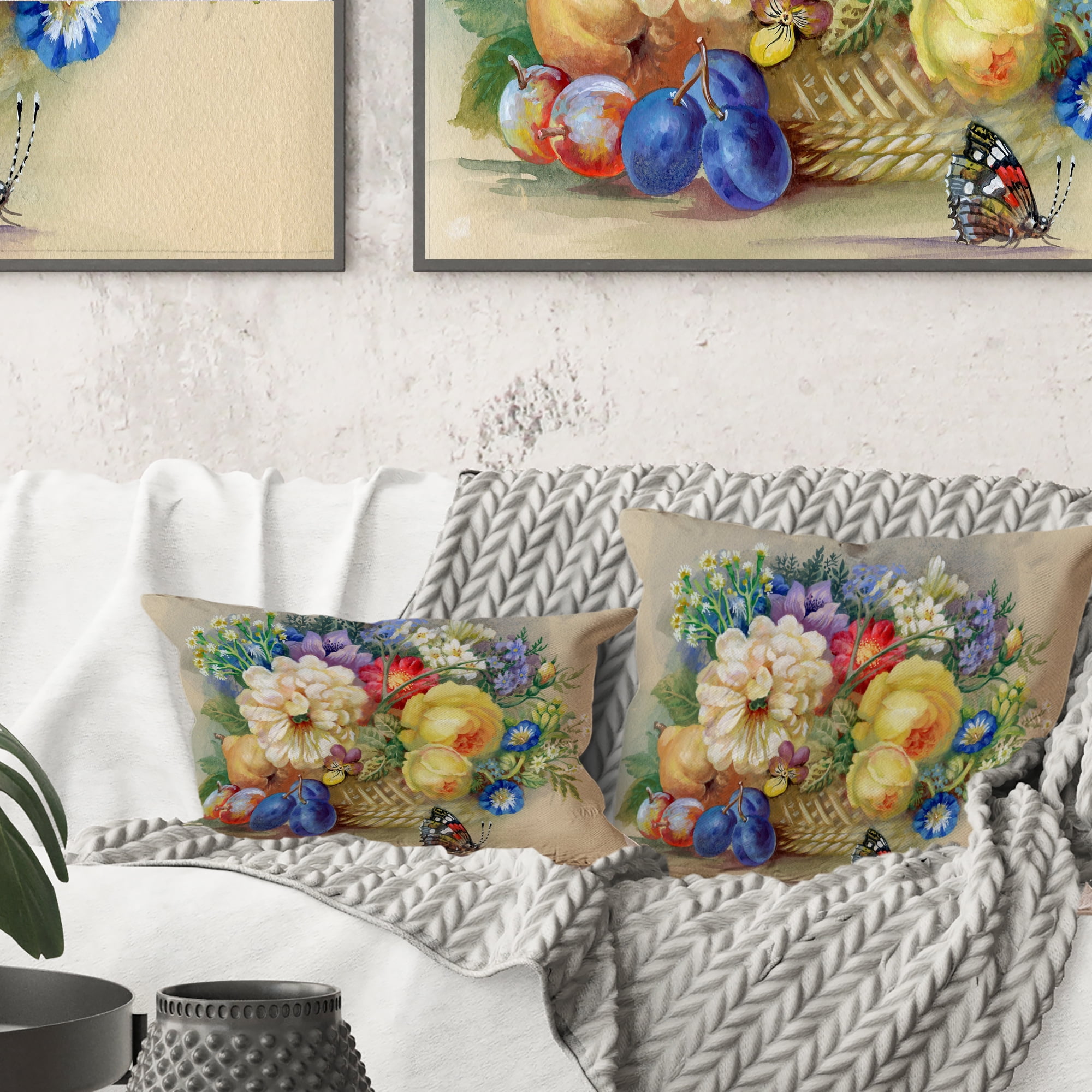 Designart Bunch of Flowers and Fruits - Floral Throw Pillow - 16x16