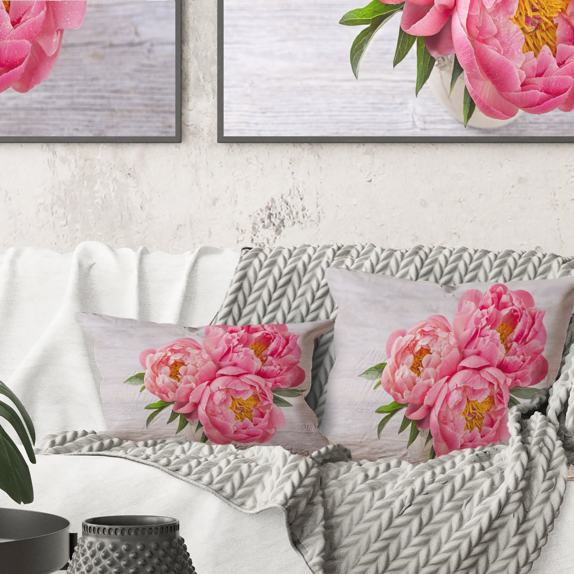 Designart Bunch of Peony Flowers In Vase - Floral Throw Pillow - 16x16