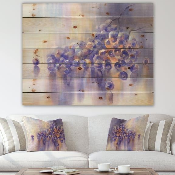Designart 'Bunch of Purple Grapes in Impression' Traditional Print on Natural Pine Wood