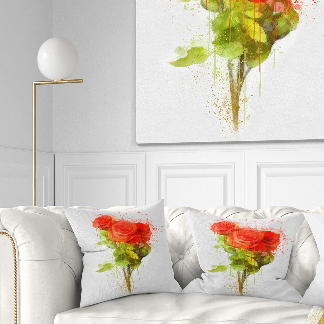 Designart Bunch of Red Roses Watercolor - Flower Throw Pillow - 18x18