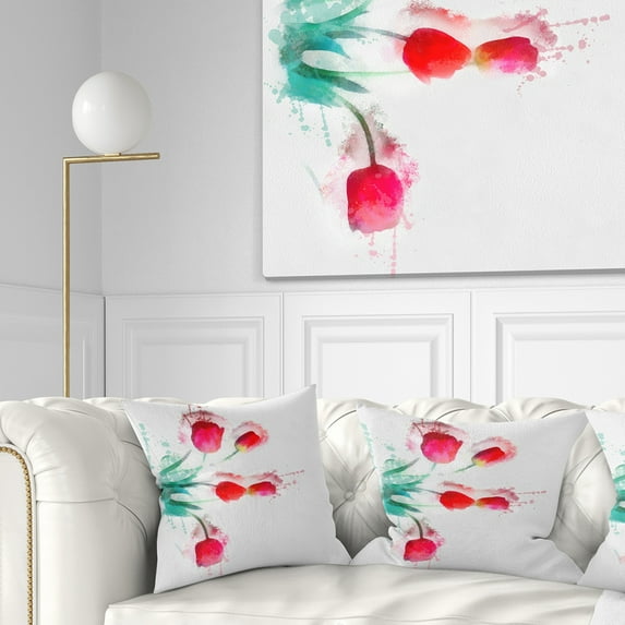Designart Bunch of Red Tulips Watercolor - Floral Throw Pillow - 18x18