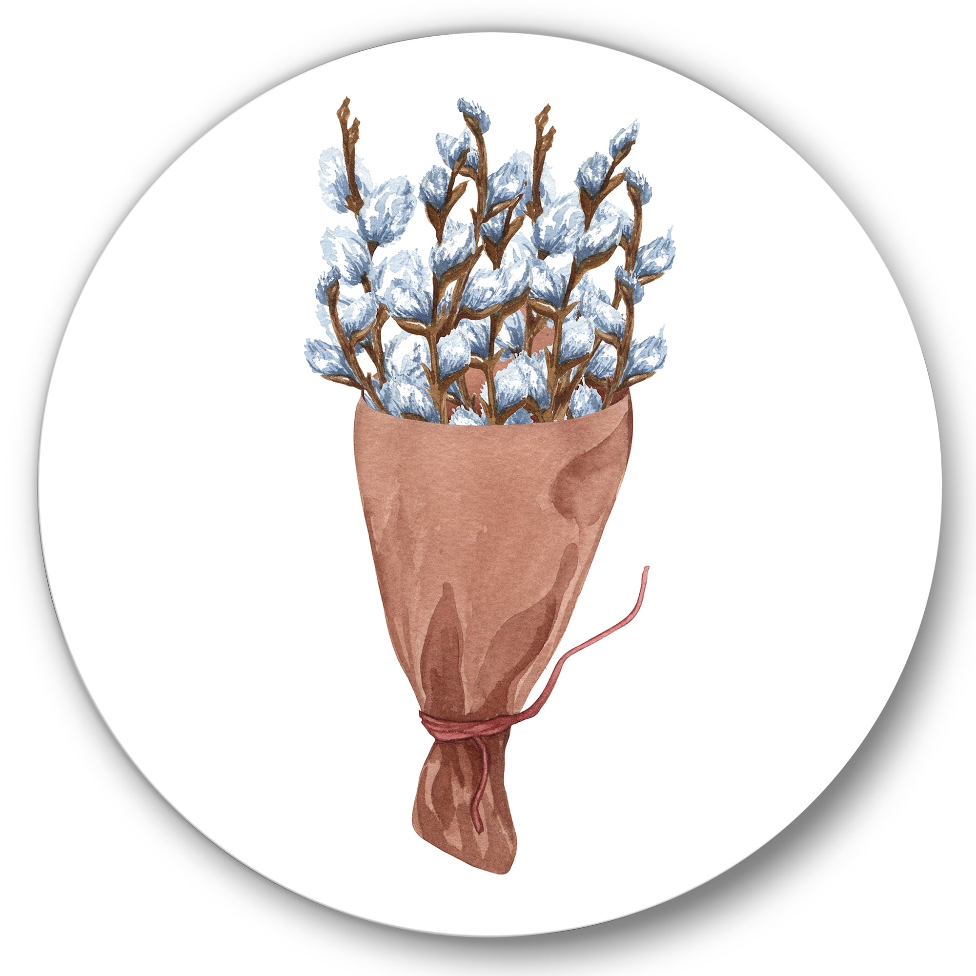 Designart 'Bunch of White Pussy Willow Twigs I' Farmhouse Circle Metal Wall Art 29x29 - Disc of 29