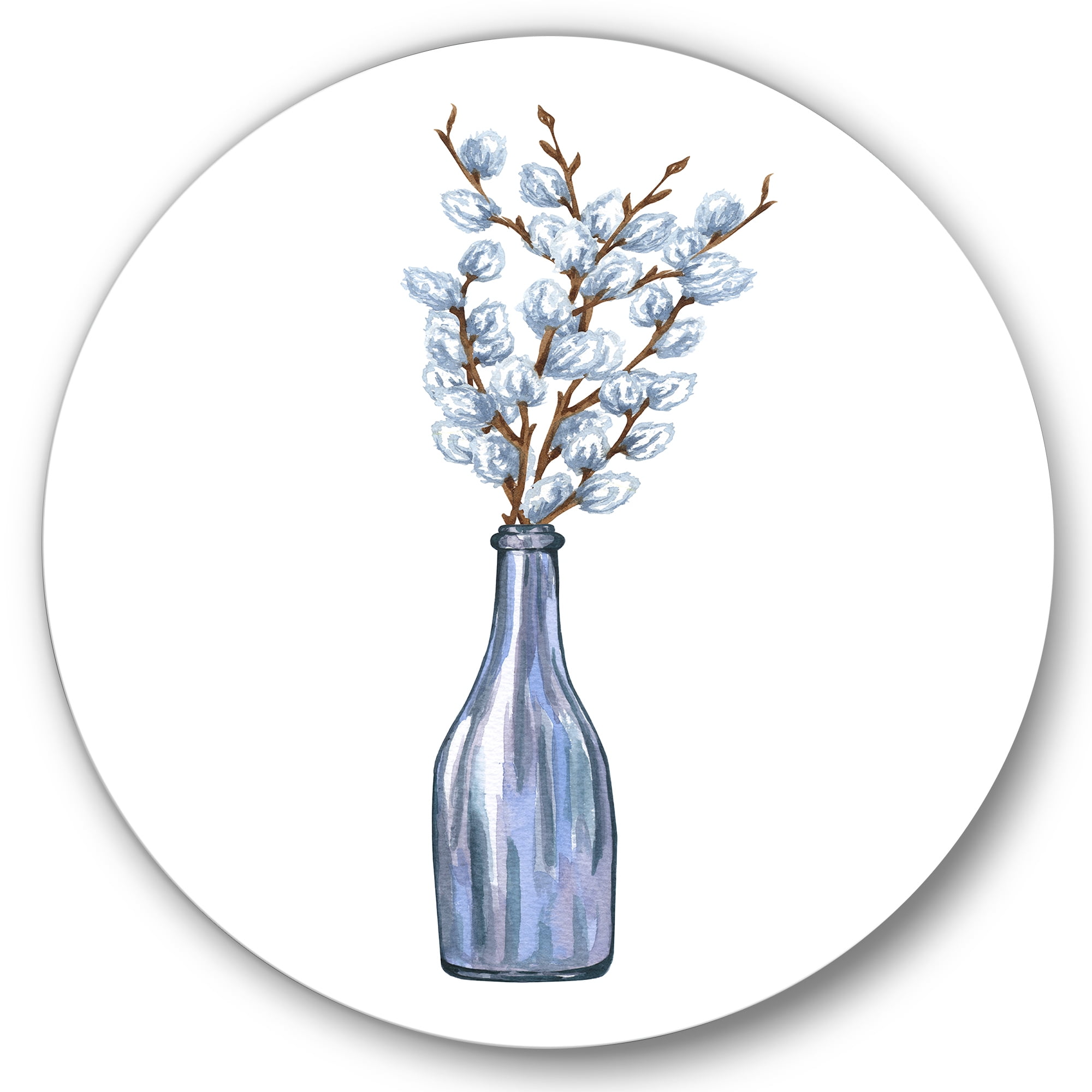 Designart 'Bunch of White Pussy Willow Twigs II' Farmhouse Circle Metal Wall Art 23x23 - Disc of 23