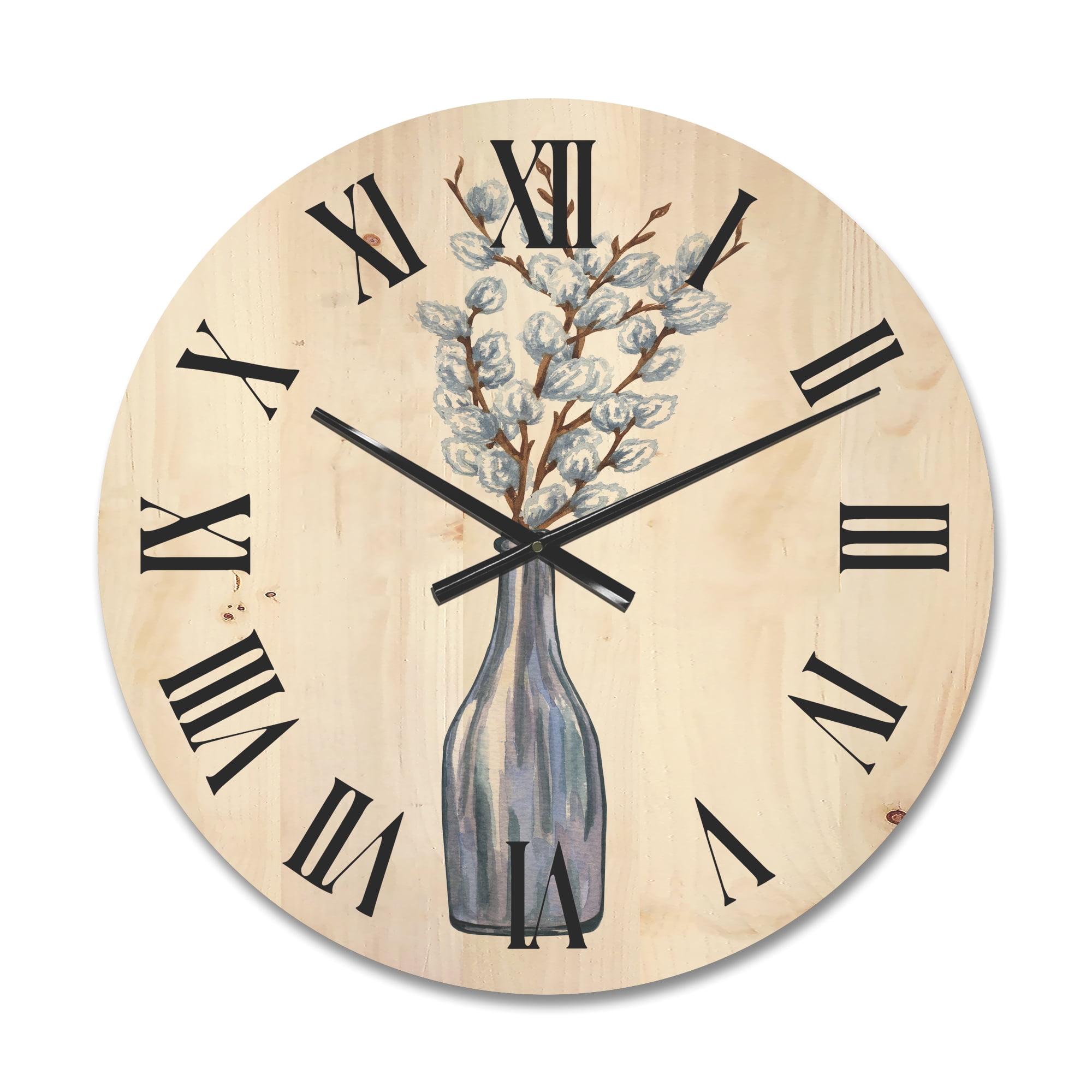Designart 'Bunch of White Pussy Willow Twigs II' Farmhouse Wood Wall Clock