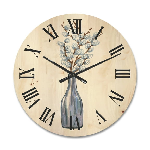 Designart 'Bunch of White Pussy Willow Twigs II' Farmhouse Wood Wall Clock