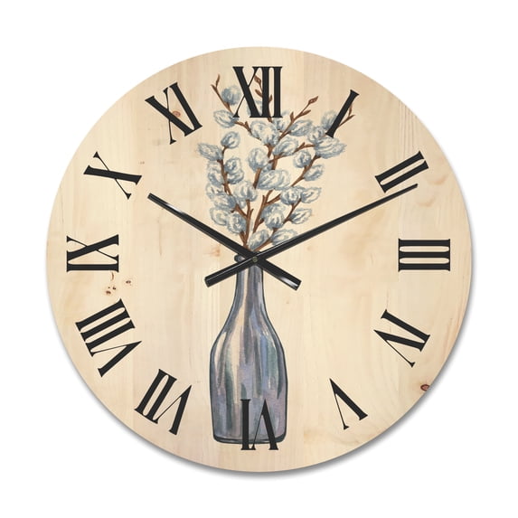 Designart 'Bunch of White Pussy Willow Twigs II' Farmhouse Wood Wall Clock