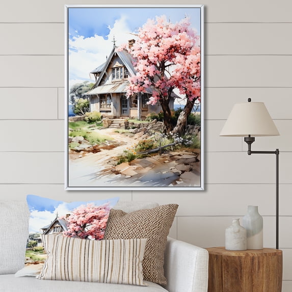 Designart "Bungalow Blossom by the Lake I" Landscapes Framed Wall Art - Coastal Pink Landscape Cottage Hallway Framed Wall Art Decor