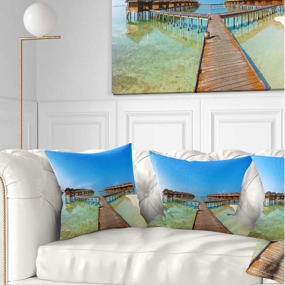 Designart Bungalows in Maldives Island - Landscape Photography Throw Pillow - 16x16