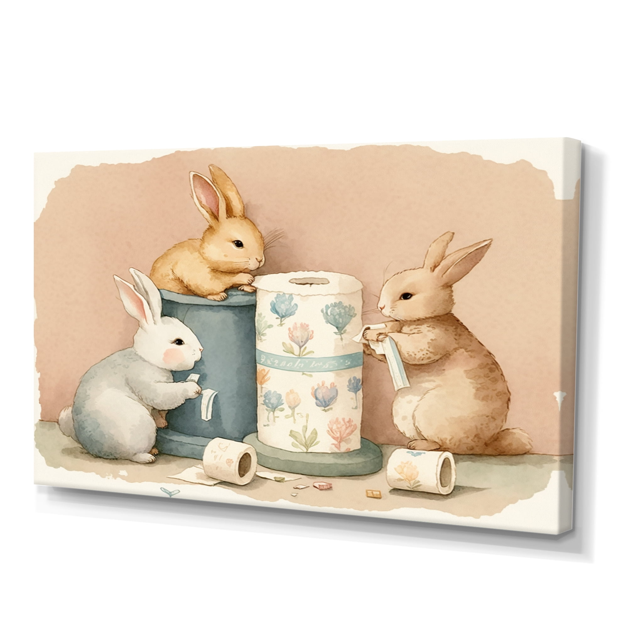 Designart Bunnies With Roll Of Toilet Paper And Flowers Canvas Wall Art