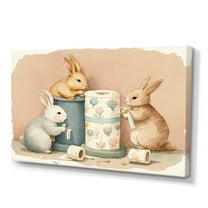 Designart Bunnies With Roll Of Toilet Paper And Flowers Canvas Wall Art