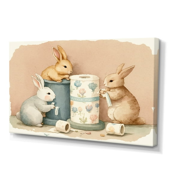 Designart Bunnies With Roll Of Toilet Paper And Flowers Canvas Wall Art