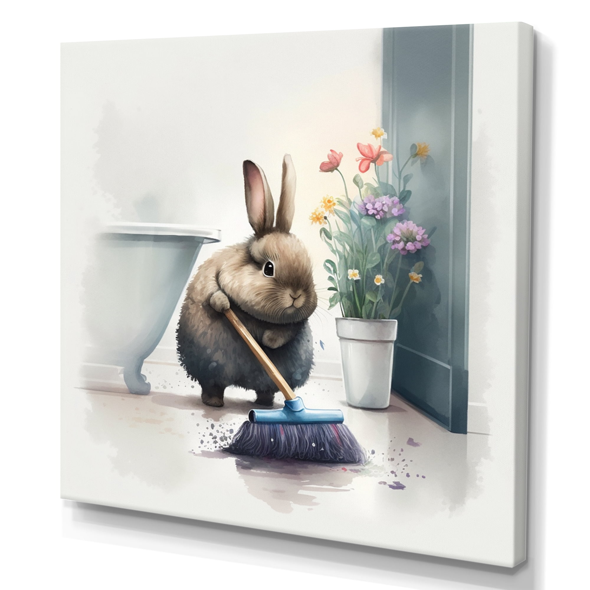 Designart Bunny Cleaning Bathroom II Canvas Wall Art