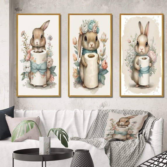 Designart "Bunny Enjoys Toilet Paper and Flowers as Playmates I" Bathroom Framed Wall Art Set Of 3 - Brown Children's Art Frame Gallery Set For Office Decor