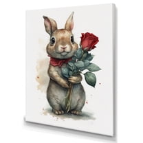 Designart Bunny Love Holding A Rose Canvas Wall Art