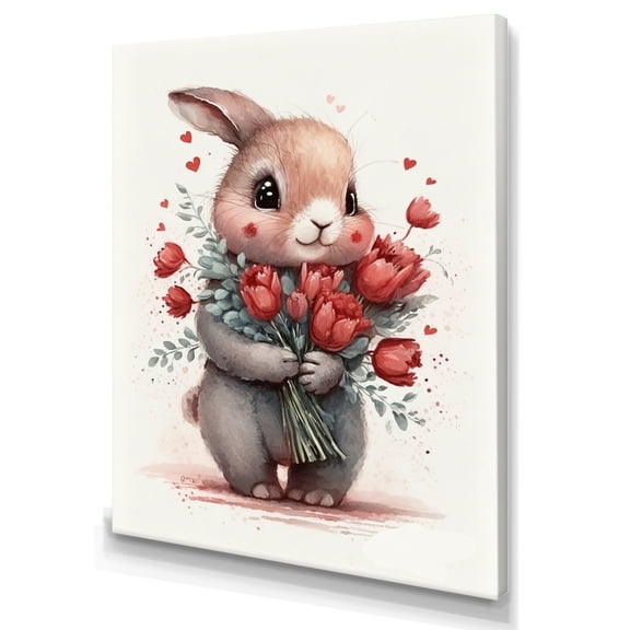 Designart Bunny Love Holding Flowers I Canvas Wall Art